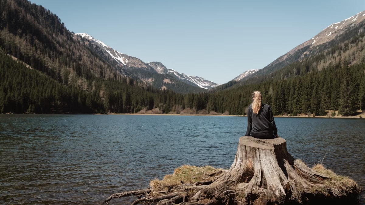 A woman peacefully sits on a tree stump by an alpine lake in Styria, Austria, surrounded by mountains.